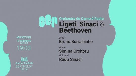 Dirijorul portughez Bruno Borralhinho, pe scena Sălii Radio alături de violonista Simina Croitoru și violoncelistul Radu Sinaci