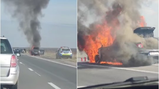 ARGEȘ: O mașină a luat foc pe autostrada A1 | VIDEO